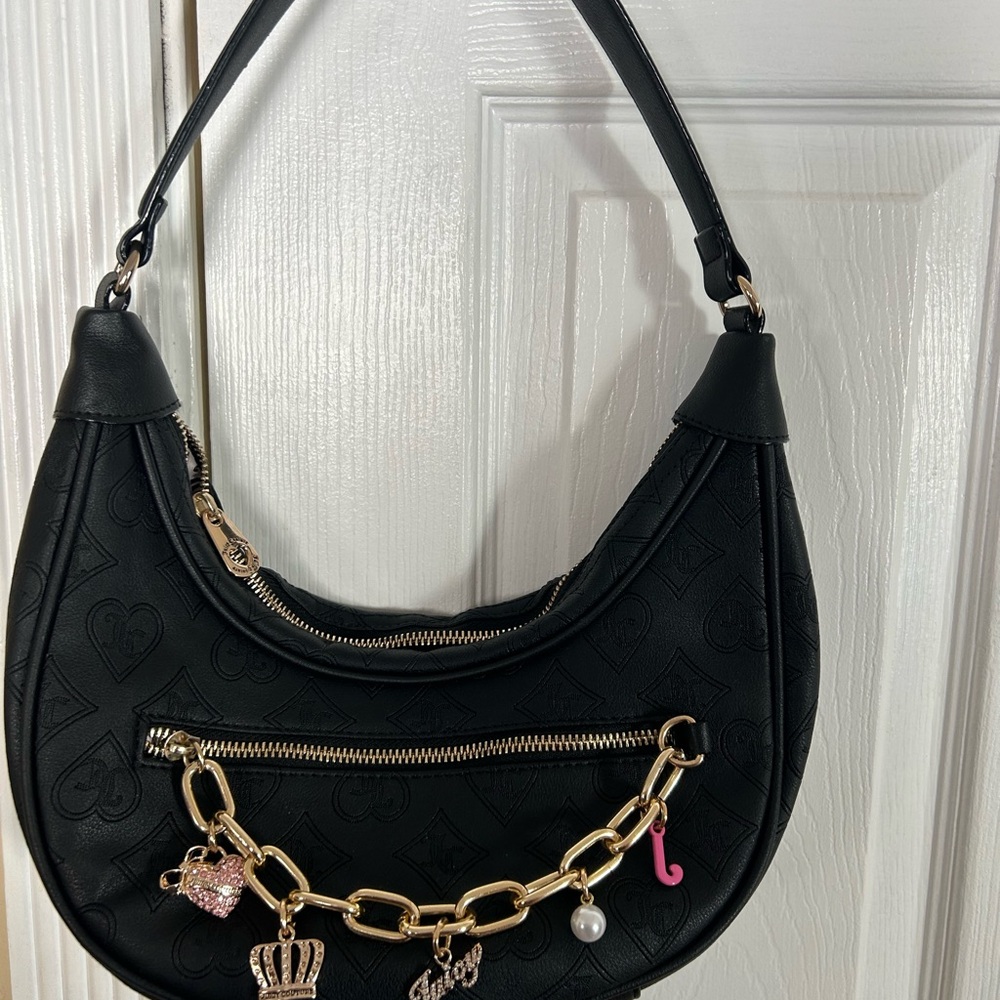Rare Y2K Juicy Couture Top Notch Hobo Shoulder Bag in Black with Gold Y2K charms